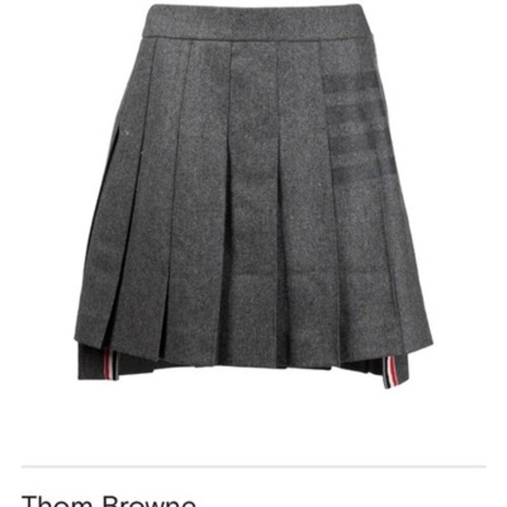 Thom Browne Charcoal Pleated Wool Mini Skirt with Tricolor Tabs